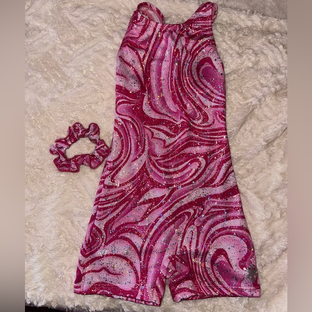 Pink Swirl Patterned Childs Handmade Leotard with Scrunchie